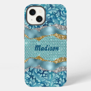 Chic floral glittery gold Turquoise teal monogram iPhone 13 Case
