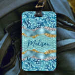 Chic floral glittery gold Turquoise teal monogram Luggage Tag<br><div class="desc">Pretty chic and elegant girly floral design in turquoise, teal, aqua and faux rhinestones and glitter to create a special unique stylish luggage tag Beautiful, modern and cool for the trend-savvy and art-loving hip trendsetter. This stylish sophisticated design would be great for girls who enjoy classy sparkly designs. Show off...</div>