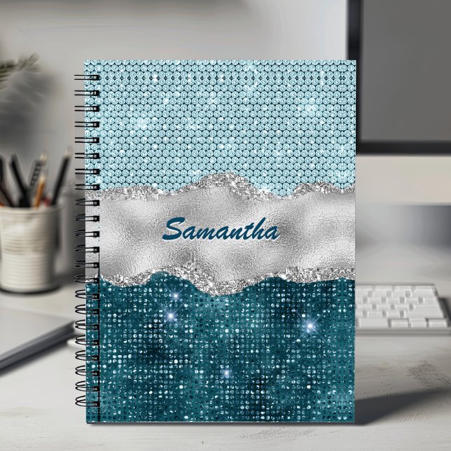Chic floral glittery gold Turquoise teal monogram Notebook (Creator Uploaded)