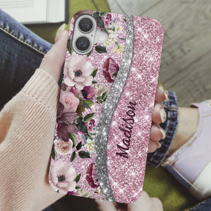 Chic floral glittery Purple pink silver monogram  iPhone 16 Case
