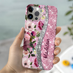 Chic floral glittery Purple pink silver monogram iPhone 13 Case