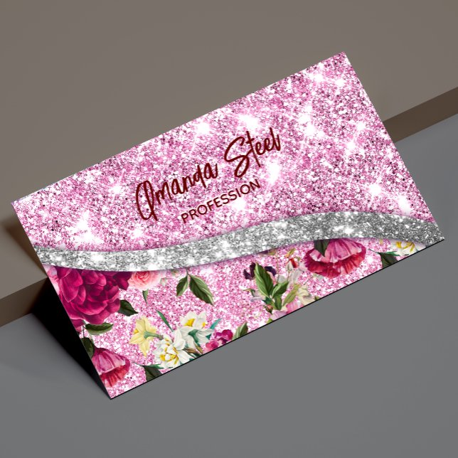 Chic floral glittery Purple pink silver monogram Magnetic Business Card (Creator Uploaded)