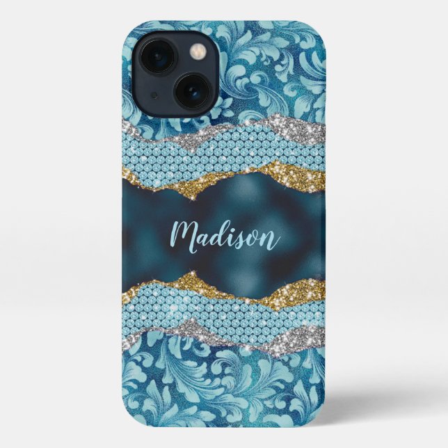 Chic floral glittery Teal Turquoise gold monogram  iPhone Case (Back)