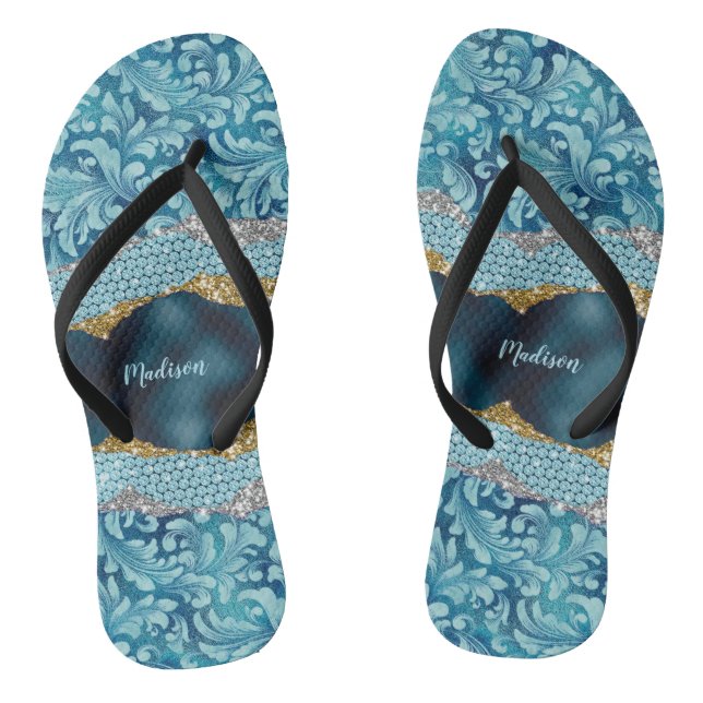 Chic floral glittery Teal Turquoise gold monogram  Jandals (Footbed)