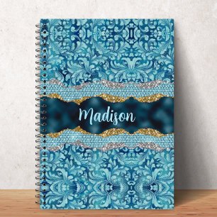 Chic floral glittery Teal Turquoise gold monogram Notebook