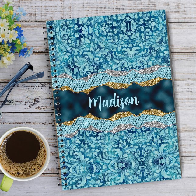Chic floral glittery Teal Turquoise monogram large Notebook (Creator Uploaded)