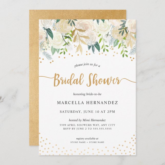 Chic Floral Gold Bridal Shower Invitation (Front/Back)
