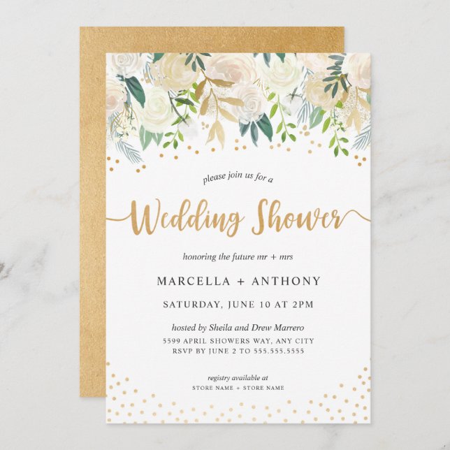 Chic Floral Gold Couples Wedding Shower Invitation (Front/Back)