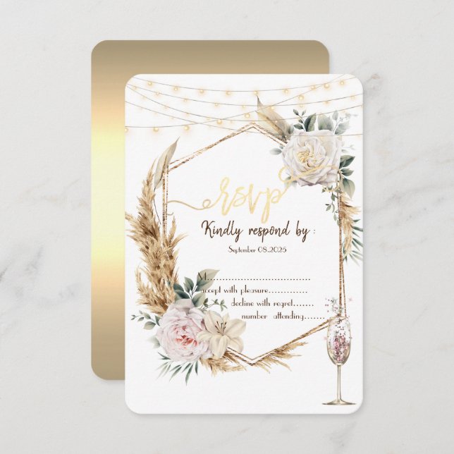 Chic Floral Gold Frame Champagne Glass RSVP  Invitation (Front/Back)