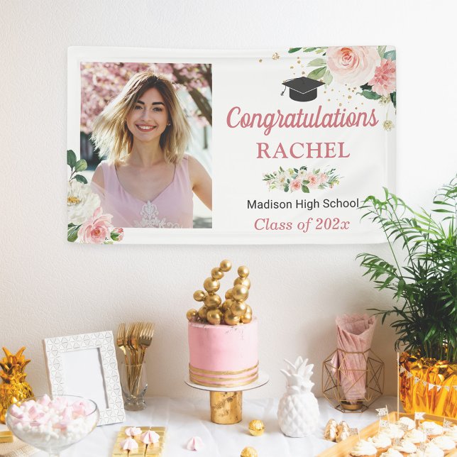 Chic Floral Gold Graduation Celebration Photo Banner (Creator Uploaded)