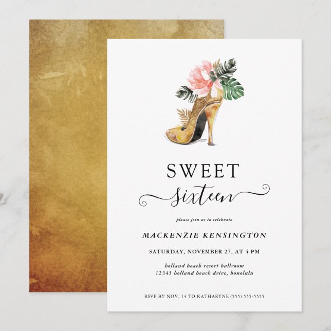 Chic Floral Gold Heels Sweet 16 Birthday Invitation (Front/Back)