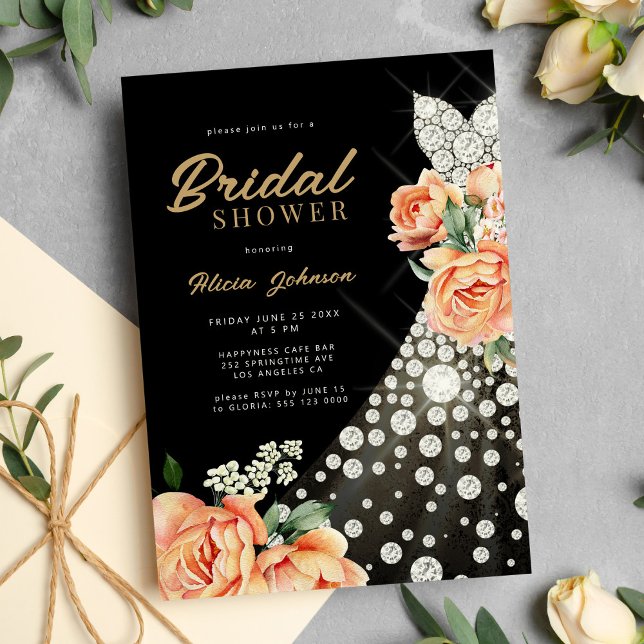Chic floral gold wedding gown black bridal shower invitation (Creator Uploaded)