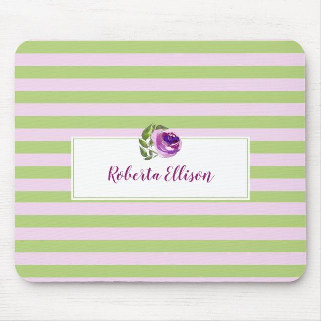 Chic Floral Green Lilac Horizontal Stripes Mouse Pad (Front)