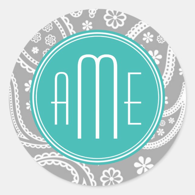 Chic Floral Grey Paisley Pattern & Blue Monogram Classic Round Sticker (Front)
