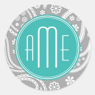 Chic Floral Grey Paisley Pattern & Blue Monogram Classic Round Sticker