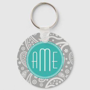 Chic Floral Grey Paisley Pattern & Blue Monogram Key Ring