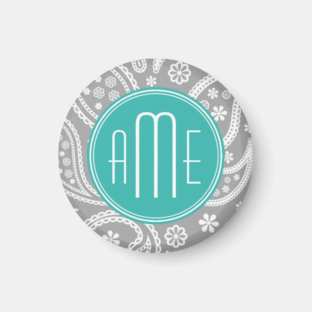 Chic Floral Grey Paisley Pattern & Blue Monogram Magnet (Front)