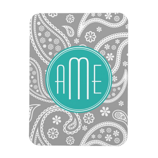 Chic Floral Grey Paisley Pattern & Blue Monogram Magnet (Vertical)