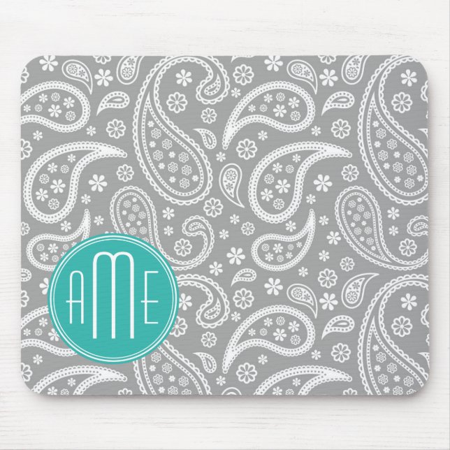 Chic Floral Grey Paisley Pattern & Blue Monogram Mouse Pad (Front)