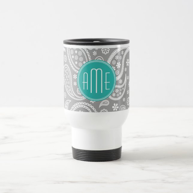 Chic Floral Grey Paisley Pattern & Blue Monogram Travel Mug (Center)