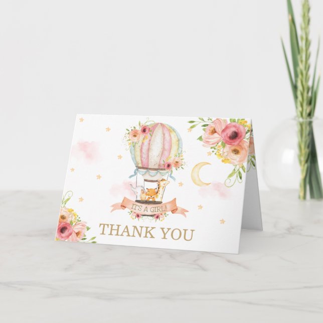 Chic Floral Hot Air Balloon Animals Baby Shower Thank You Card (Front)