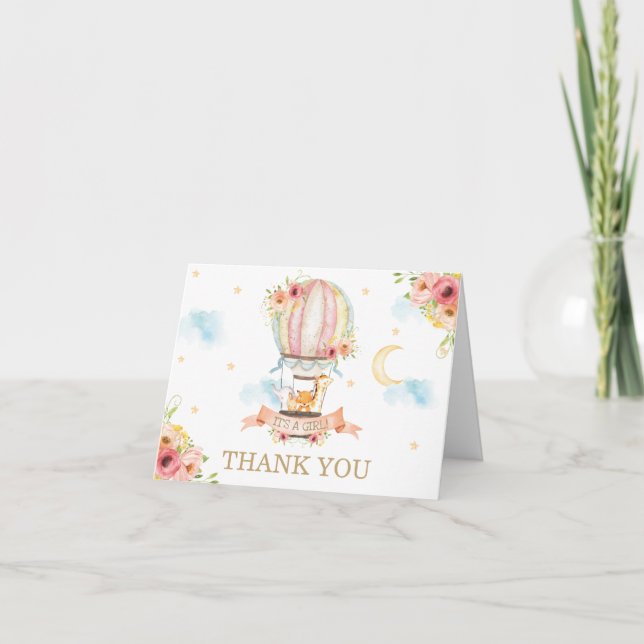 Chic Floral Hot Air Balloon Animals Baby Shower Thank You Card (Front)