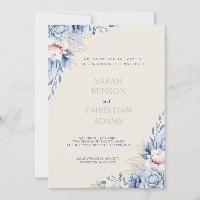 Chic Floral Invitation with Soft Blue, Pink & Nude (Front)