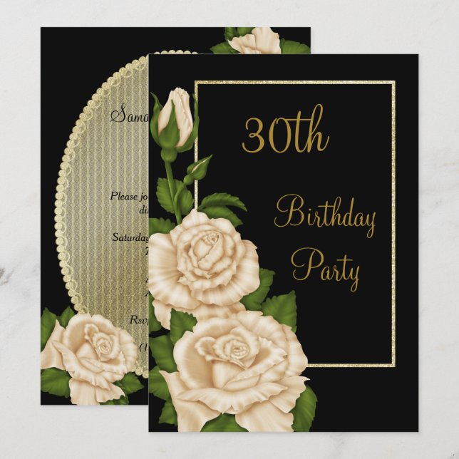 Chic Floral Ivory Roses 30th Birthday Invitation (Front/Back)