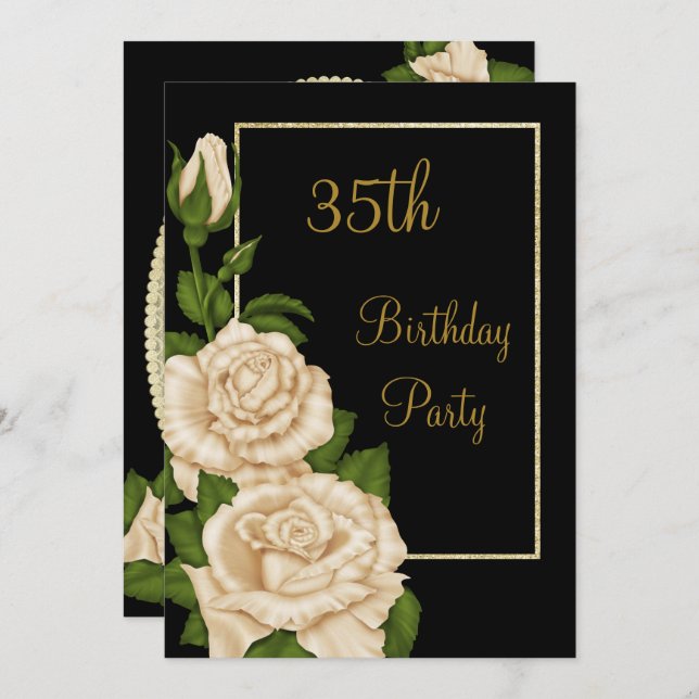 Chic Floral Ivory Roses 35th Birthday Invitation (Front/Back)