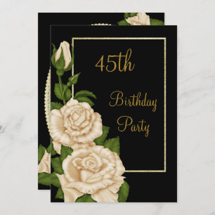 Chic Floral Ivory Roses 45th Birthday Invitation