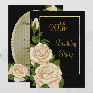 Chic Floral Ivory Roses 90th Birthday Invitation