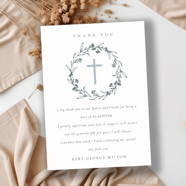 Chic Floral Laurel Wreath Dusky Blue Grey Baptism Thank You Card (Creator Uploaded)