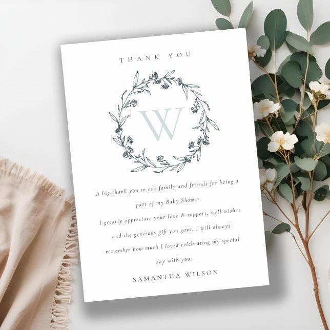 Chic Floral Laurel Wreath Monogram Baby Shower Thank You Card (Creator Uploaded)