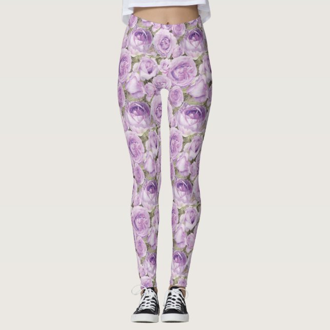 Chic Floral Lavender and Purple Rose Pattern Leggings (Front)
