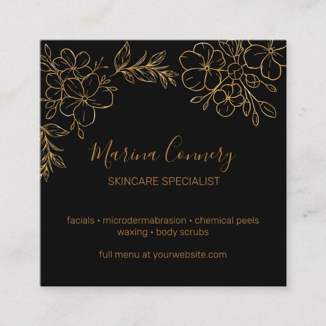 Chic Floral Line Drawing Black and Gold Square Business Card (Front)