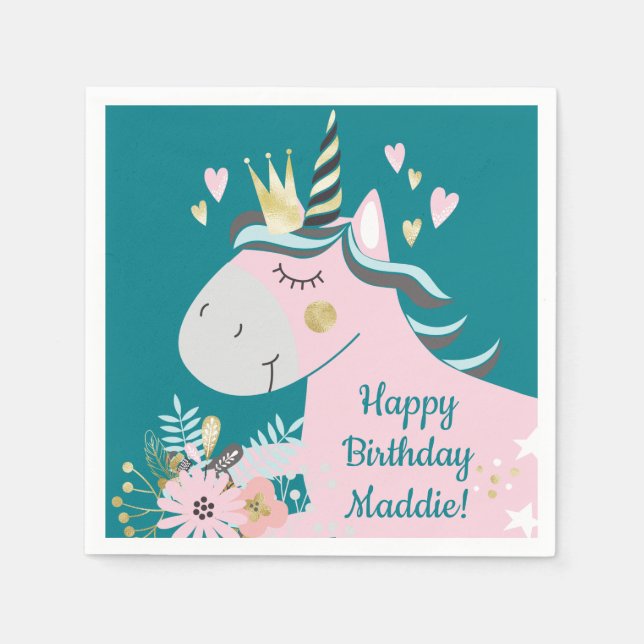 Chic Floral Magical Unicorn Girl's Birthday Party Napkin (Front)