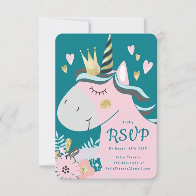 Chic Floral Magical Unicorn Girl's Birthday Party RSVP Card (Front)