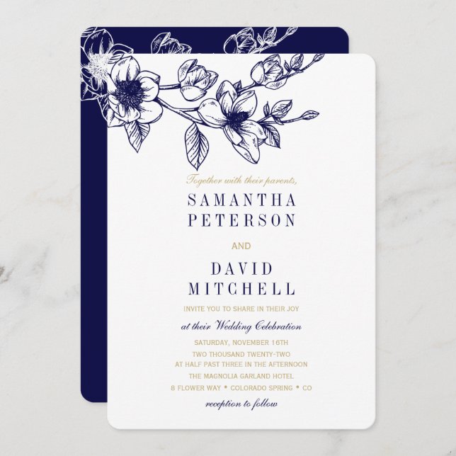 Chic Floral Magnolia Branch Navy Blue GOLD Wedding Invitation (Front/Back)