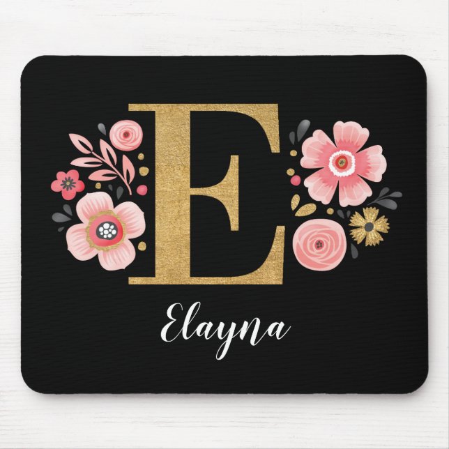 Chic Floral Monogram Initial Pink Gold Letter E Mouse Pad (Front)