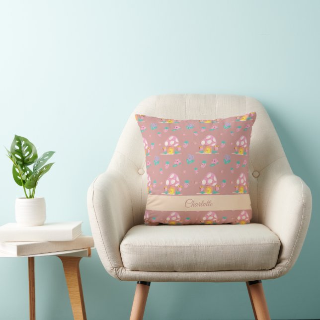 Chic Floral Mushroom Pattern Blush Pink Name Cushion (Chair)