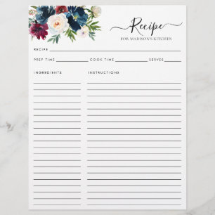 Chic Floral Navy Blue Burgundy Red Kitchen Recipe