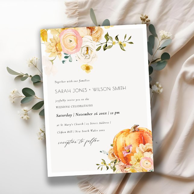Chic Floral Orange Autumn Pumpkin Wedding Invite (Creator Uploaded)