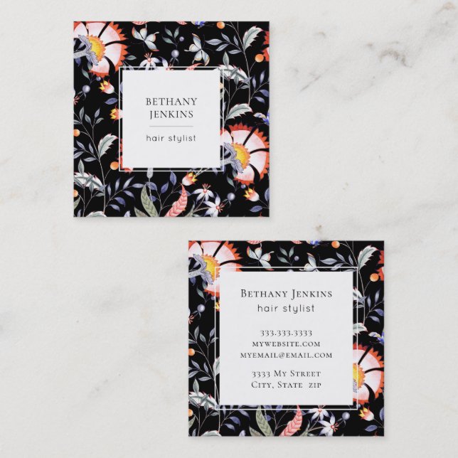 Chic Floral Pattern Black Business Card (Front/Back)