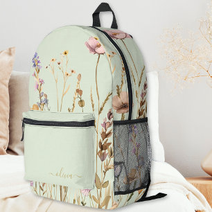 Chic Floral Pattern Custom Sage Green Gold Script Printed Backpack