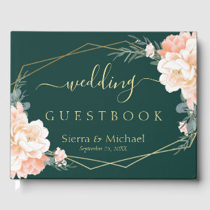 Chic Floral Peach Cream Gold Emerald Green Wedding Guest Book