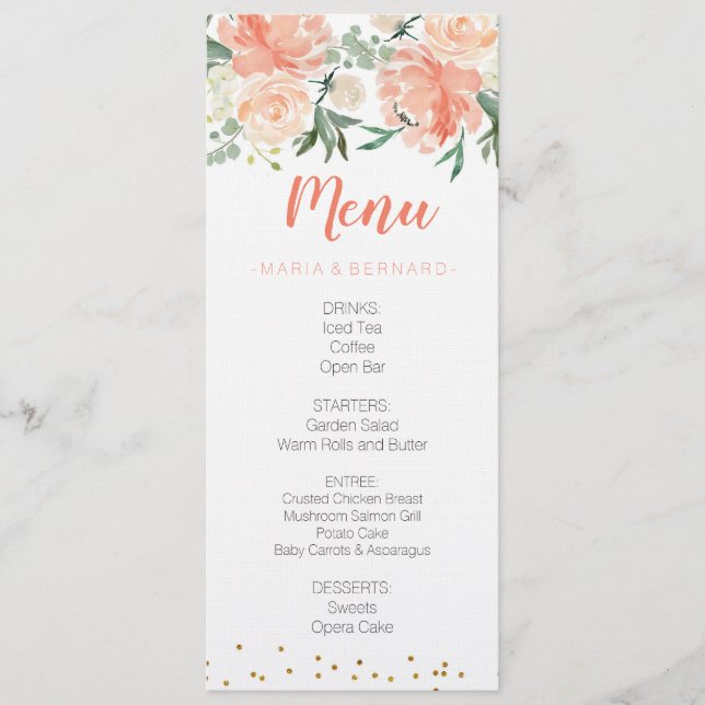 Chic Floral Peach Gold Menu Card (Front)