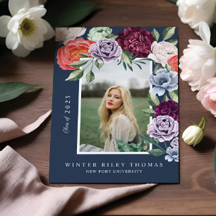 Chic Floral Peonies Rose Blossoms Graduation Photo Invitation
