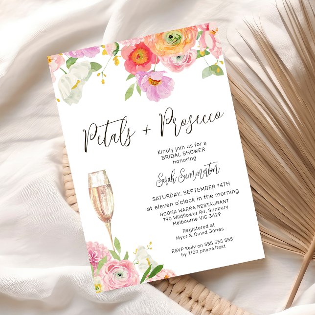 Chic Floral Petals Prosecco QR Code Bridal Shower Invitation (Floral Petals and Prosecco bridal Shower Invitation Template, Champagne Petals Prosecco QR Code)