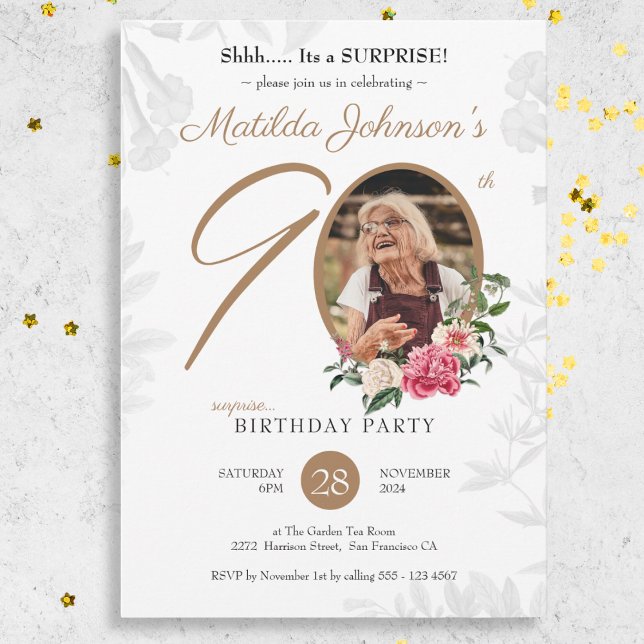 Chic Floral Photo Surprise 90th Birthday Party Invitation (Chic Floral Photo Surprise 90th Birthday Party Invitation)