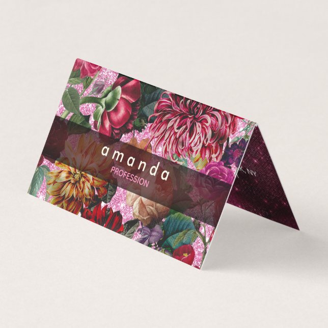 Chic floral pink Burgundy purple glitter monogram Business Card (Front)